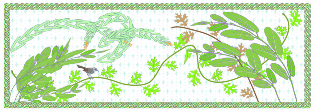 Margaret Nelson • <em>Tapestry with Carolina Wren</em> • Digital drawing (adobe illustrator) • 34″× 16″ • $350.00