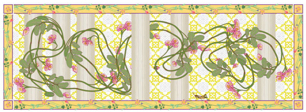 Margaret Nelson • <em>Tapestry with Grasshopper</em> • Digital drawing (adobe illustrator) • 34″× 16″ • $350.00