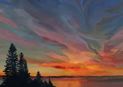 Daniel McPheeters • <em>Mountain Lake Nocturne</em> • Mixed media on panel • 24″× 17″ • $200.00
