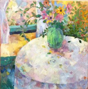 Catharine O'Neill • <em>Green Vase with Sweet Peas</em> • Water-based oils • 24″× 24″ • $425.00