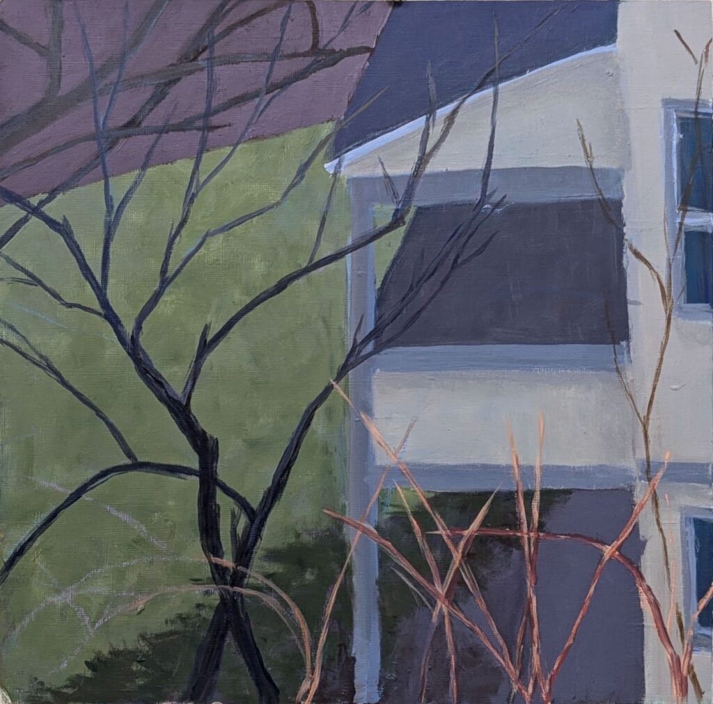 Diana Ozolins • <em>Cliff Street Porch at Dawn</em> • Acrylic on canvas • 12″× 12″ • $350.00<a class="purchase" href="https://state-of-the-art-gallery.square.site/product/diana-ozolins-cliff-street-porch-at-dawn/3589" target="_blank">Buy</a>