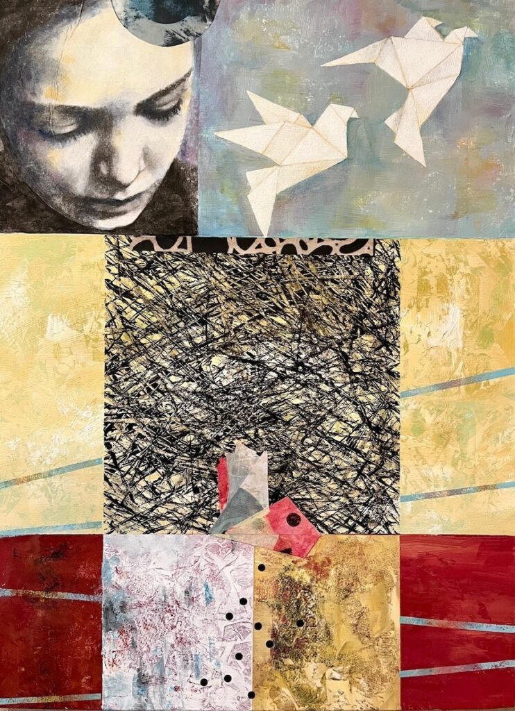 Carol Spence • <em>Cranes</em> • Acrylic, pencil, ink & collage • 18″× 24″ • $400.00<a class="purchase" href="https://state-of-the-art-gallery.square.site/product/carol-spence-cranes/3628" target="_blank">Buy</a>