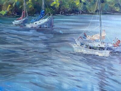 Hsiao-Pei Yang • <em>Boats on Cayuga Lake</em> • Oil on board • 14″× 11″ • $350.00