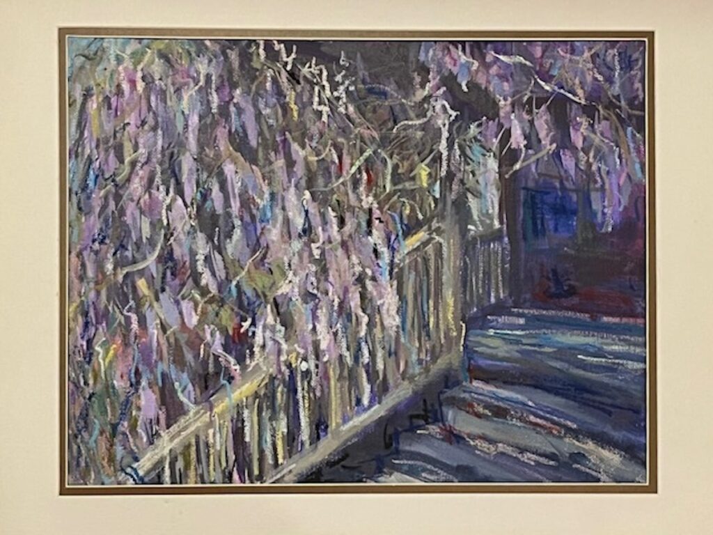 Hsiao-Pei Yang • <em>House of Wisteria</em> • Acrylic paint and oil pastel on board • 14″× 11″ • $350.00<a class="purchase" href="https://state-of-the-art-gallery.square.site/product/hsiao-pei-yang-house-of-wisteria/3595" target="_blank">Buy</a>