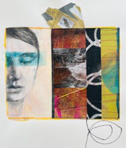 Carol Spence&nbsp;• <em>Blue</em>&nbsp;• Mixed media; acrylic, collage, sewing&nbsp;• 16″×&nbsp;20″&nbsp;• $285.00