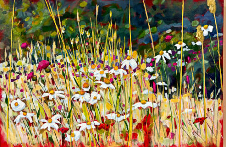 Cindy Kaufman&nbsp;• <em>Dancing Daisies</em>&nbsp;• Acrylic on gallery wrapped canvas&nbsp;• 20″×&nbsp;30″×&nbsp;1½″&nbsp;• NFS
