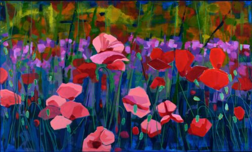 Cindy Kaufman&nbsp;• <em>Dancing Petals</em>&nbsp;• Acrylic on gallery wrapped canvas&nbsp;• 36″×&nbsp;60″×&nbsp;1½″&nbsp;• NFS