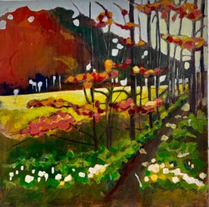 Cindy Kaufman&nbsp;• <em>Fall at Treman Lake</em>&nbsp;• Acrylic on gallery wrapped canvas&nbsp;• 12″×&nbsp;12″×&nbsp;1½″&nbsp;• NFS