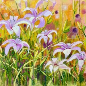 Cindy Kaufman&nbsp;• <em>Tiger Lillies</em>&nbsp;• Acrylic on gallery wrapped canvas&nbsp;• 20″×&nbsp;20″×&nbsp;1½″&nbsp;• NFS
