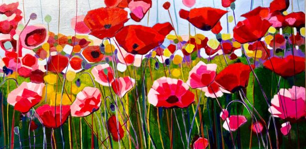 Cindy Kaufman&nbsp;• <em>Dancing Poppies</em>&nbsp;• Acrylic on gallery wrapped canvas&nbsp;• 24″×&nbsp;48″×&nbsp;1½″&nbsp;• NFS