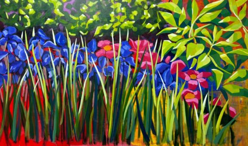 Cindy Kaufman&nbsp;• <em>Iris and Friends</em>&nbsp;• Acrylic on gallery wrapped canvas&nbsp;• 36″×&nbsp;60″×&nbsp;1½″&nbsp;• NFS