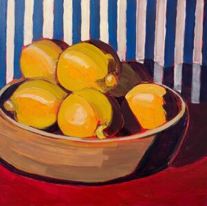 Cindy Kaufman&nbsp;• <em>Lemons in Summer</em>&nbsp;• Acrylic on gesso board&nbsp;• 12″×&nbsp;12″×&nbsp;1½″&nbsp;• NFS