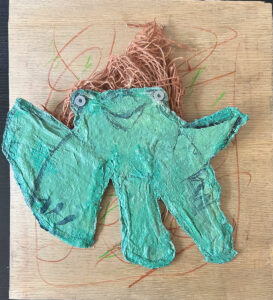Mary Ann Bowman • <em>Happy Frog Creature</em> • Plaster cloth, canvas, wood • 10″× 12″ • $350.00