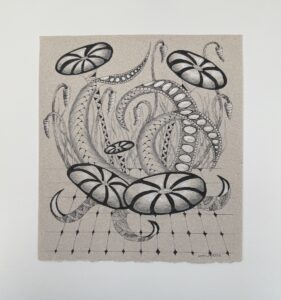 Patty L Porter • <em>Fantasy Garden</em> • Pigma pens, graphite, charcoal pencil • 15″× 16″ • $200.00