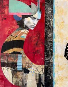 Carol Spence&nbsp;• <em>Amulet Blue</em>&nbsp;• Acrylic, collage, ink on canvas&nbsp;• 16″×&nbsp;20″&nbsp;• $420.00