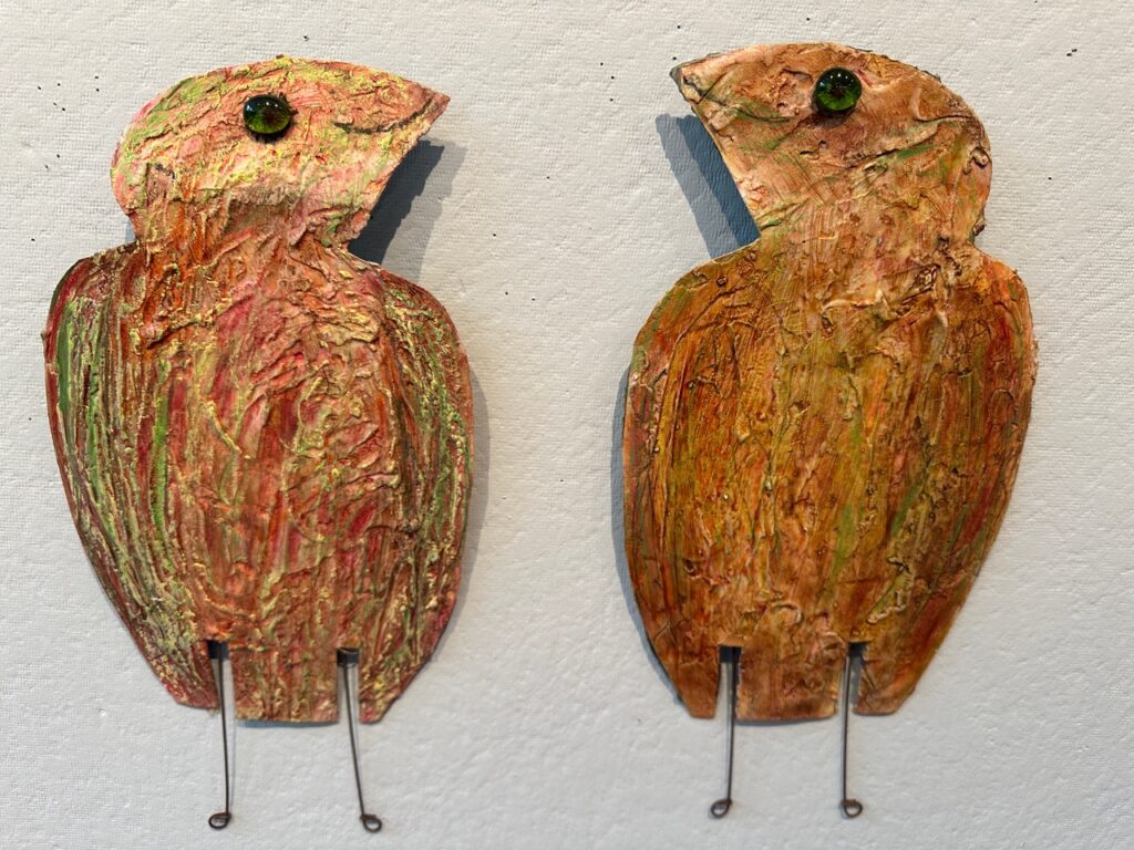 Mary Ann Bowman • <em>Reddish Birds</em> • Painted canvas • 18″× 16″ • $125.00