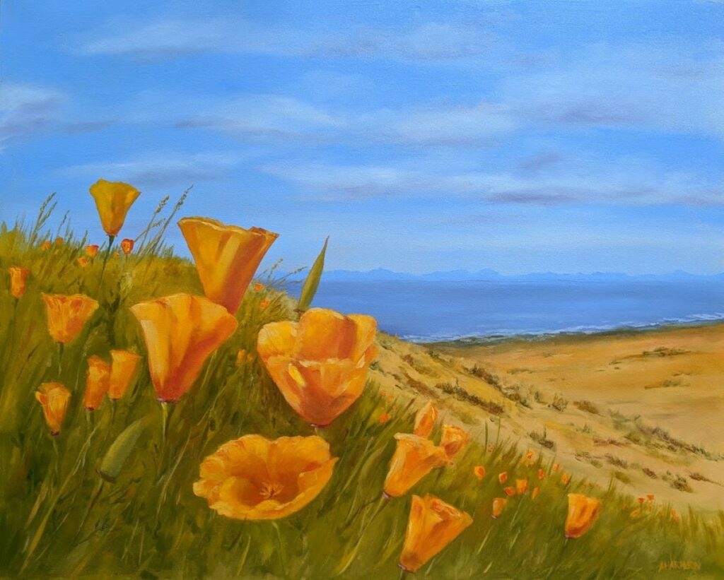 Annemiek Haralson • <em>California Poppies on San Juan Island</em> • Oil • 20″× 16″ • $475.00