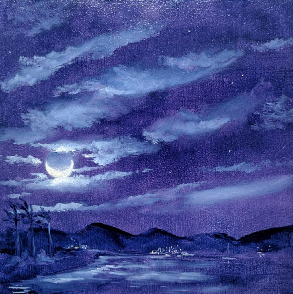Annemiek Haralson • <em>Moon Over Orient Bay</em> • Oil • 6″× 6″ • $125.00
