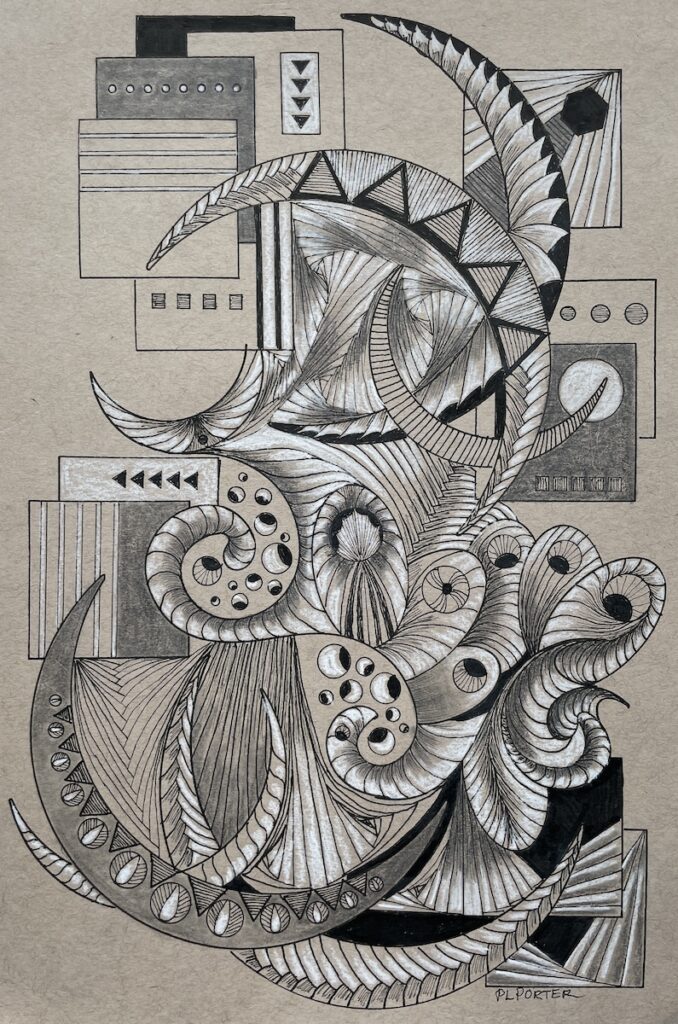 Patty L Porter • <em>Drawn Meditation #6</em> • Micron pen on paper • 11″× 14″ • $125.00