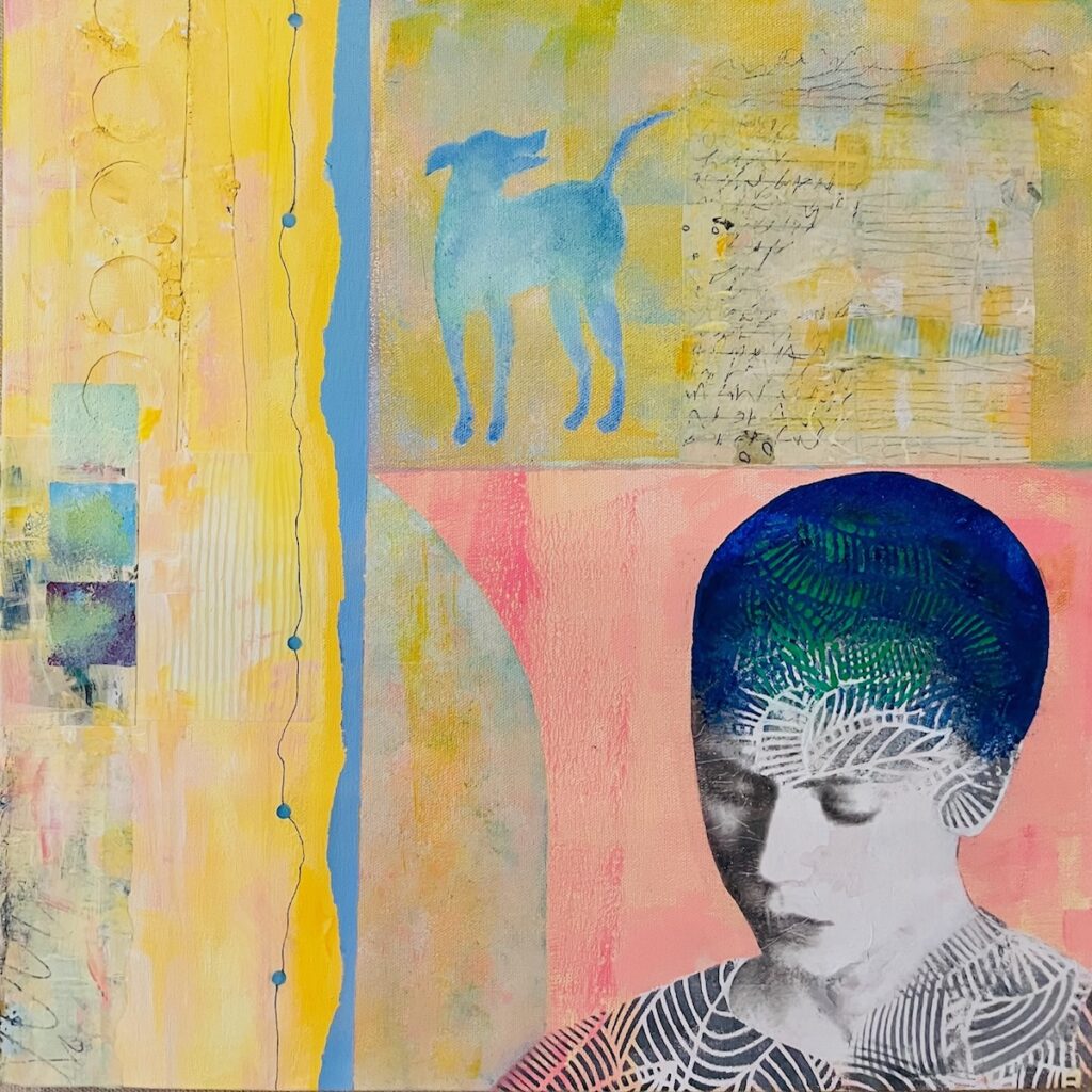 Carol Spence • <em>Dog Dream</em> • Mixed media painting • 20″× 20″ • $350.00