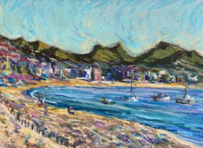 Hsiao-Pei Yang • <em>Beach at Cabo San Lucas, Mexico</em> • Oil pastel on paper • 14″× 11″ • $250.00