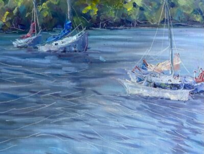 Hsiao-Pei Yang • <em>Boats on Cayuga Lake</em> • Oil on board • 20″× 16″ • $400.00