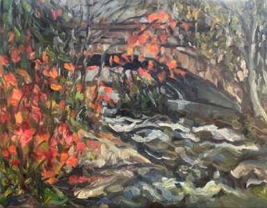 Hsiao-Pei Yang • <em>Bridge over Bog River Falls, Tupper Lake, Adirondack</em> • Oil on board • 14″× 11″ • $400.00