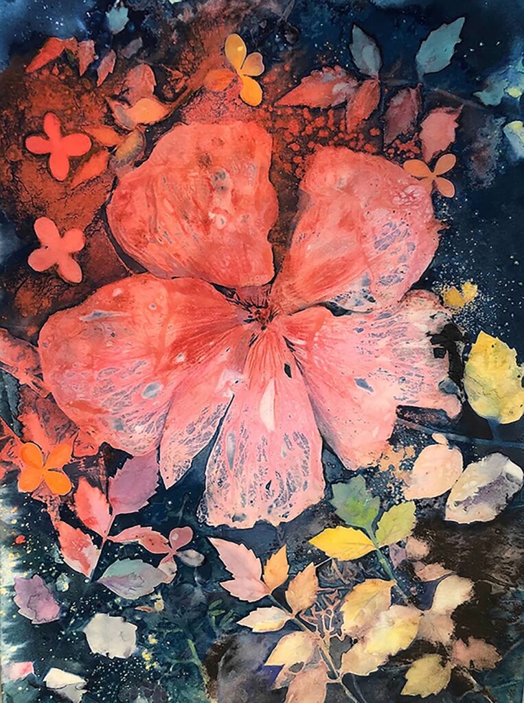 Cynthia Cratsley • <em>Rose Mallow and Holly</em> • Cyanotype, dye, watercolor paper, watercolors • 9″× 12″ • $250.00