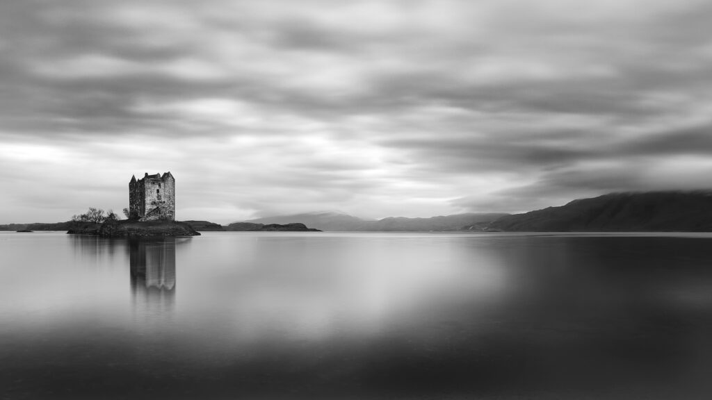 A.M. Dunford • <em>Castle Stalker</em> • Fine art print Canson paper, framed • 28″× 16″ • $185.00