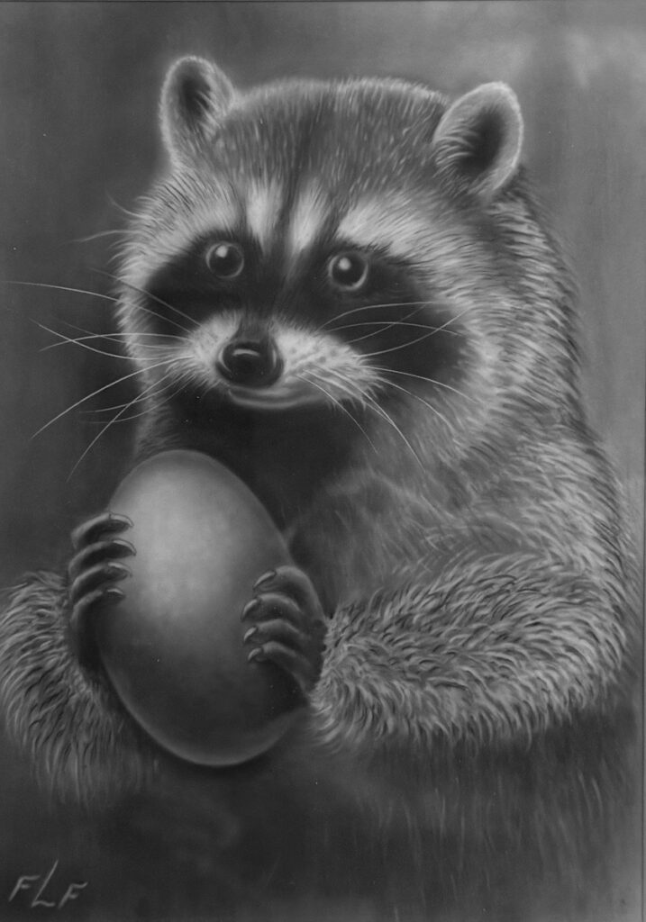 Frances L. Fawcett • <em>Egg with Raccoon</em> • Carbon dust on mylar film • 11½″× 14½″ • NFS