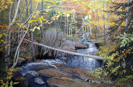 Frances L. Fawcett • <em>Adirondack Cascade</em> • Acrylic on canvas • 36½″× 24½″ • On loan from the collection of Carol & Bob Bullivant