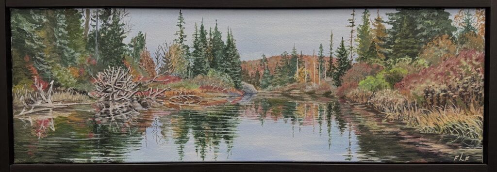 Frances L. Fawcett • <em>Along the Oswegatchie</em> • Acrylic on canvas • 25″× 9″ • NFS