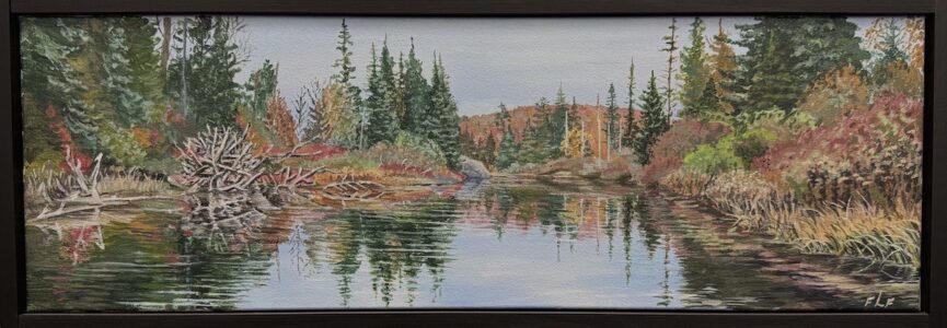 Frances L. Fawcett • <em>Along the Oswegatchie</em> • Acrylic on canvas • 25″× 9″ • NFS