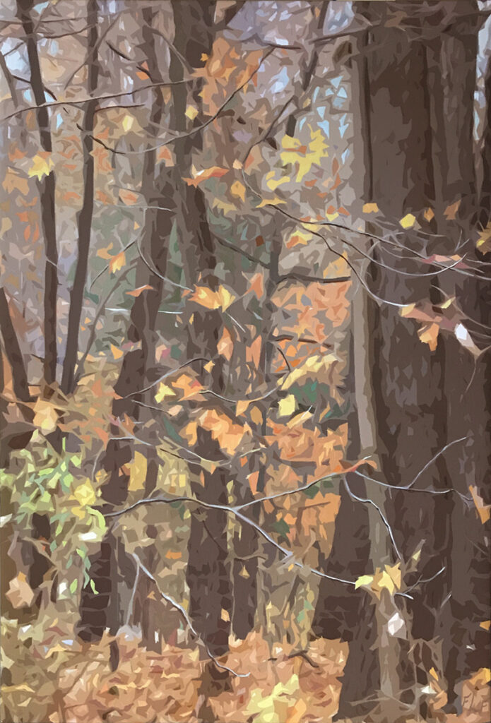 Frances L. Fawcett • <em>Backyard Trees</em> • Mixed media: acrylic paint & ultrachrome ink on canvas • 19″× 27″ • $850.00<a class="purchase" href="https://state-of-the-art-gallery.square.site/product/frances-l-fawcett-backyard-trees/MDFDOIT2ETGWEHKF3Y7S4GQI" target="_blank">Buy</a>