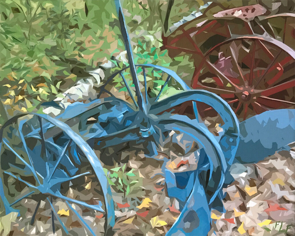 Frances L. Fawcett • <em>Blue Machine</em> • Mixed media: acrylic paint & ultrachrome ink on canvas • 21½″× 17½″ • $650.00<a class="purchase" href="https://state-of-the-art-gallery.square.site/product/frances-l-fawcett-blue-machine/BPYJWVRZJCQ4KA6QWFQPLS7N" target="_blank">Buy</a>