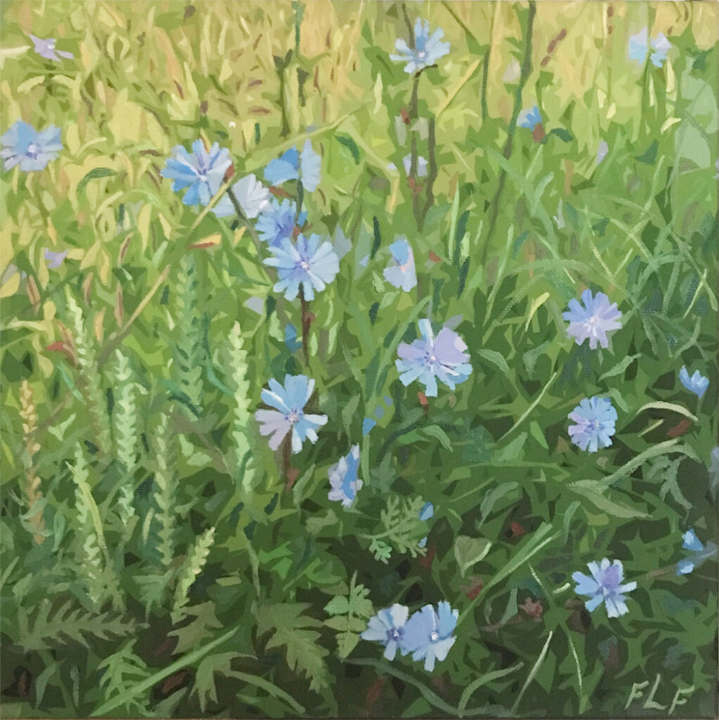 Frances L. Fawcett • <em>Chicory</em> • Mixed media: acrylic paint & ultrachrome ink on canvas • 11½″× 11½″ • $300.00<a class="purchase" href="https://state-of-the-art-gallery.square.site/product/frances-l-fawcett-chicory/7A3N34NJ2NQGGCA6EVLLTW72" target="_blank">Buy</a>