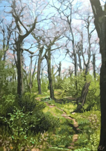 Frances L. Fawcett • <em>Ridgeline – Early Spring</em> • Mixed media: acrylic paint & ultrachrome ink on canvas • 19″× 27″ • $850.00<a class="purchase" href="https://state-of-the-art-gallery.square.site/product/frances-l-fawcett-ridgeline-early-spring/7DRTEVOCBPHPOIGKQ4ZNA3IR" target="_blank">Buy</a>