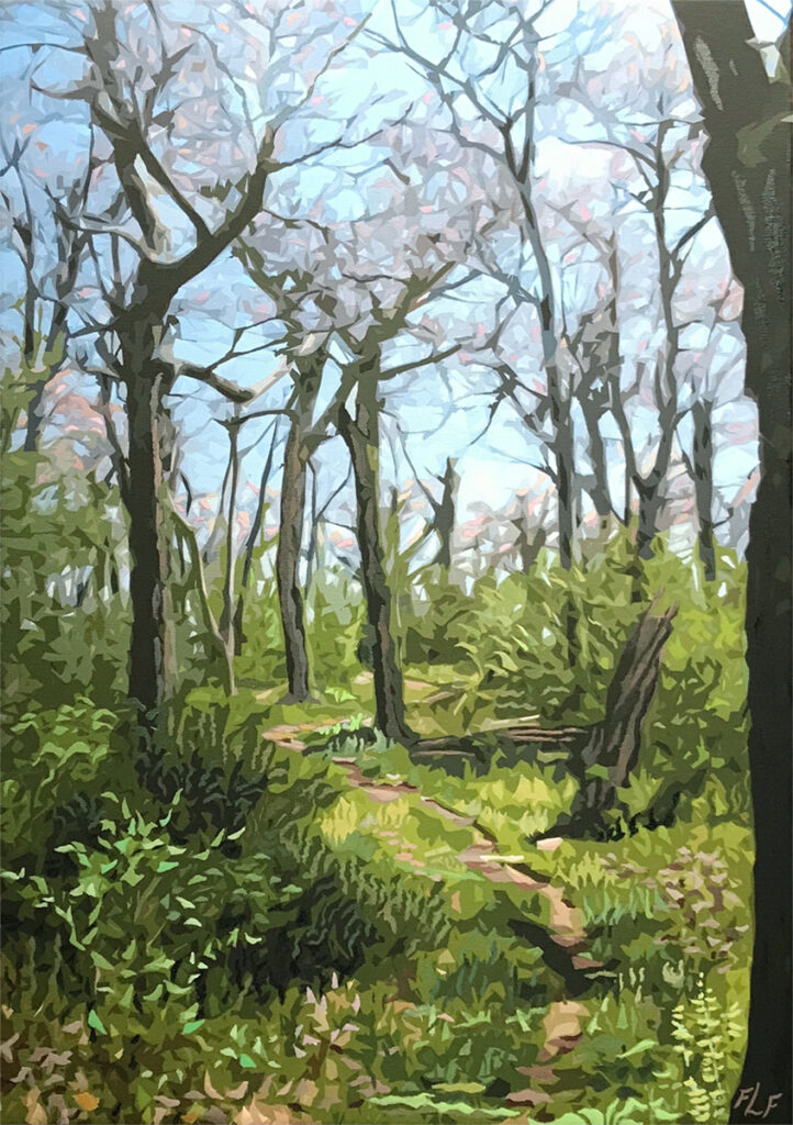 Frances L. Fawcett • <em>Ridgeline – Early Spring</em> • Mixed media: acrylic paint & ultrachrome ink on canvas • 19″× 27″ • $850.00<a class="purchase" href="https://state-of-the-art-gallery.square.site/product/frances-l-fawcett-ridgeline-early-spring/7DRTEVOCBPHPOIGKQ4ZNA3IR" target="_blank">Buy</a>