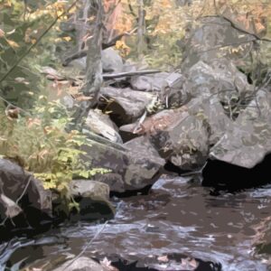 Frances L. Fawcett • <em>Rocky Stream Bank</em> • Mixed media: acrylic paint & ultrachrome ink on canvas • 13½″× 13½″ • $550.00<a class="purchase" href="https://state-of-the-art-gallery.square.site/product/frances-l-fawcett-rocky-stream-bank/P2S4N4VAQS2FRWILLQHCRRXS" target="_blank">Buy</a>