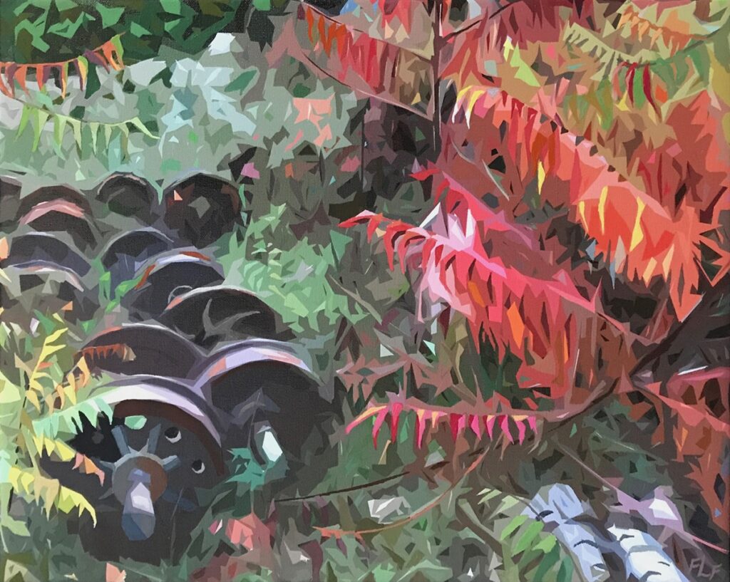 Frances L. Fawcett • <em>Train Wheels, Sumac</em> • Mixed media: acrylic paint & ultrachrome ink on canvas • 21½″× 17½″ • $650.00<a class="purchase" href="https://state-of-the-art-gallery.square.site/product/frances-l-fawcett-train-wheels-sumac/WY4KF7NPAZHMOJYCCQJUOWPI" target="_blank">Buy</a>