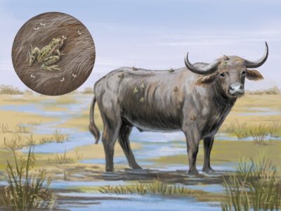 Frances L. Fawcett • <em>Water Buffalo & Marsh Frog Symbiosis</em> • Ultrachrome ink on paper, #1 of an edition of 15 • 21″× 17″ • $325.00<a class="purchase" href="https://state-of-the-art-gallery.square.site/product/frances-l-fawcett-water-buffalo-marsh-frog-symbiosis/HT3XTFYKGEH3EGWFX4WBGAKC" target="_blank">Buy</a>