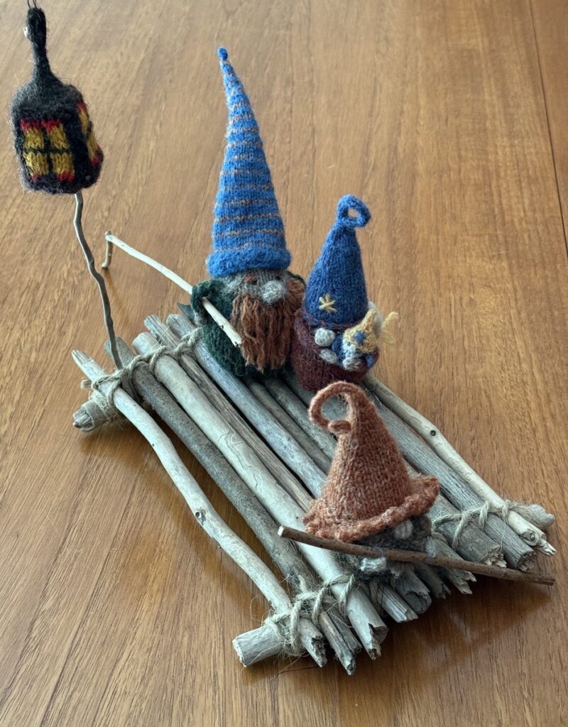 Frances L. Fawcett • <em>Voyagers</em> • Wool, wood, beads, cotton thread • 12″× 8″× 6″ • NFS
