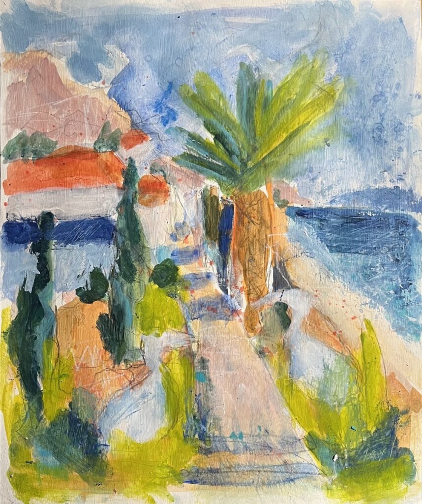 Linda Fazzary • <em>Bird Walk</em> • Acrylic, mixed media on paper, framed • 14″× 17″ • $585.00