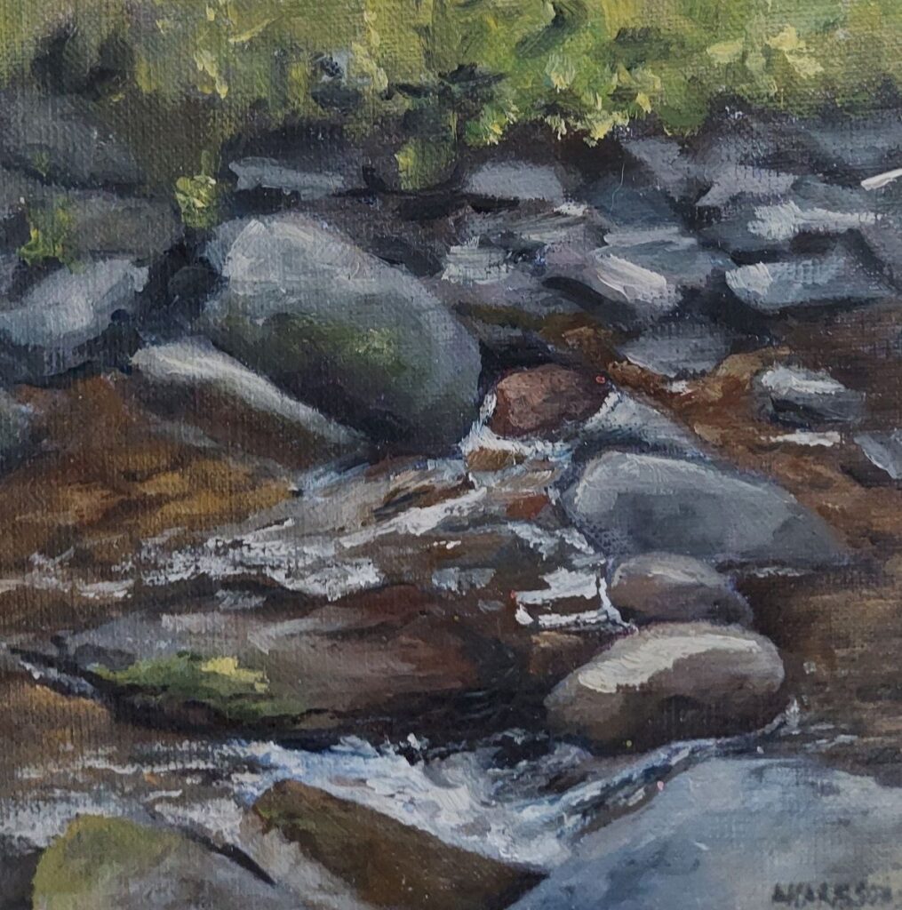 Annemiek Haralson • <em>Water and Rocks</em> • Oil, plein air • 6″× 6″ • $125.00