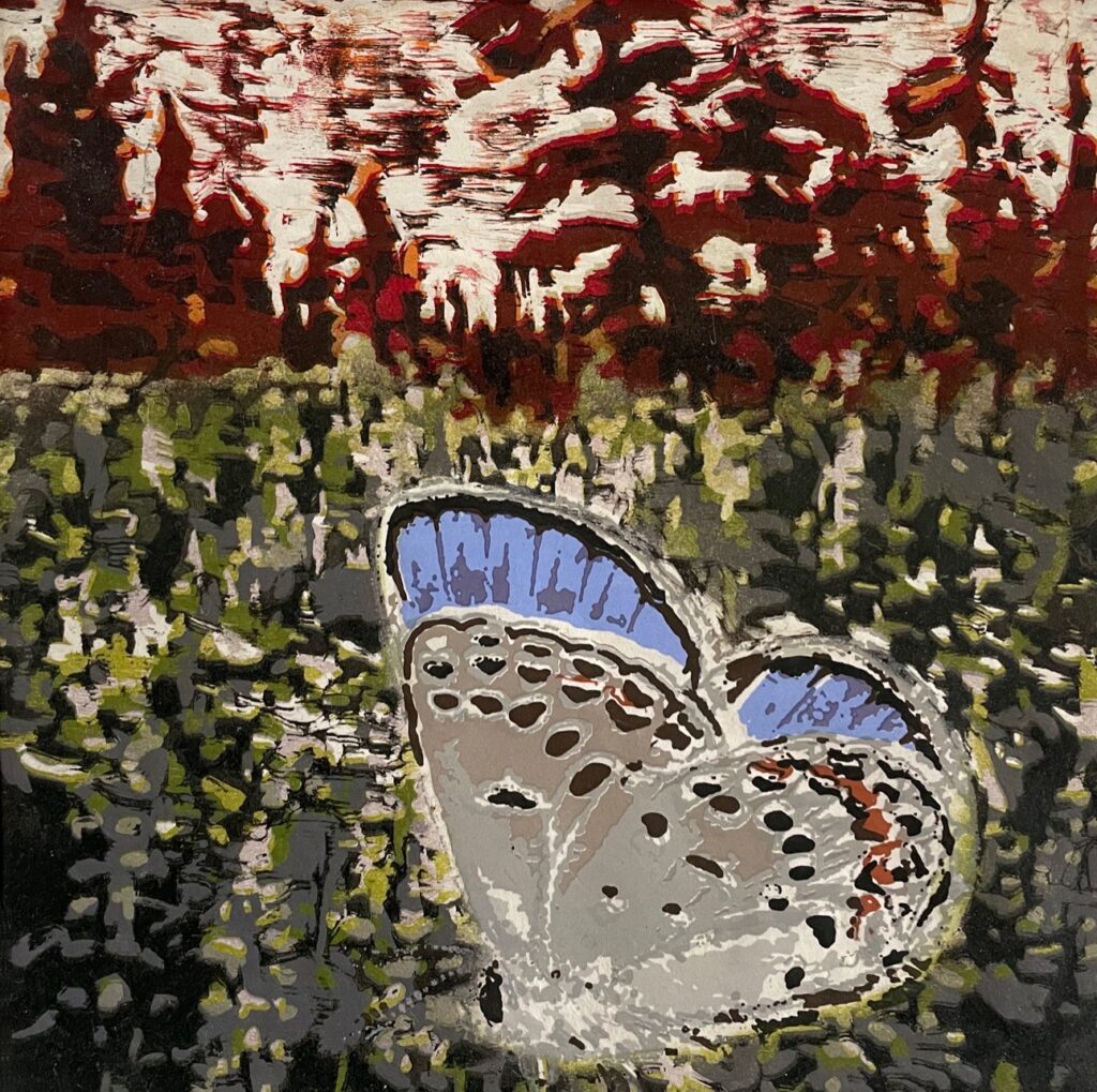 Patricia Hunsinger • <em>Enjoying the Lupines</em> • Woodcut and silkscreen • $200.00