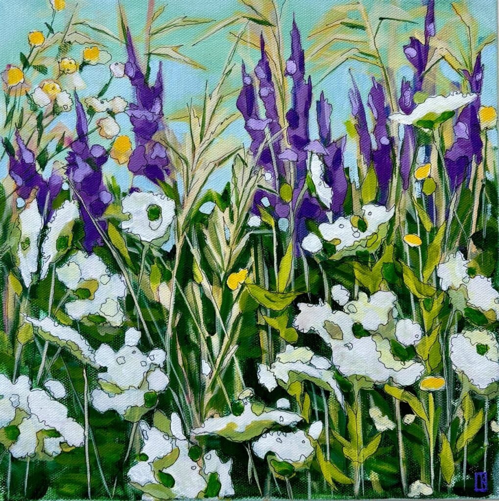 Cindy Kaufman • <em>August Meadow</em> • Acrylic on gallery wrapped canvas • 12″× 12″× 1½″ • $250.00