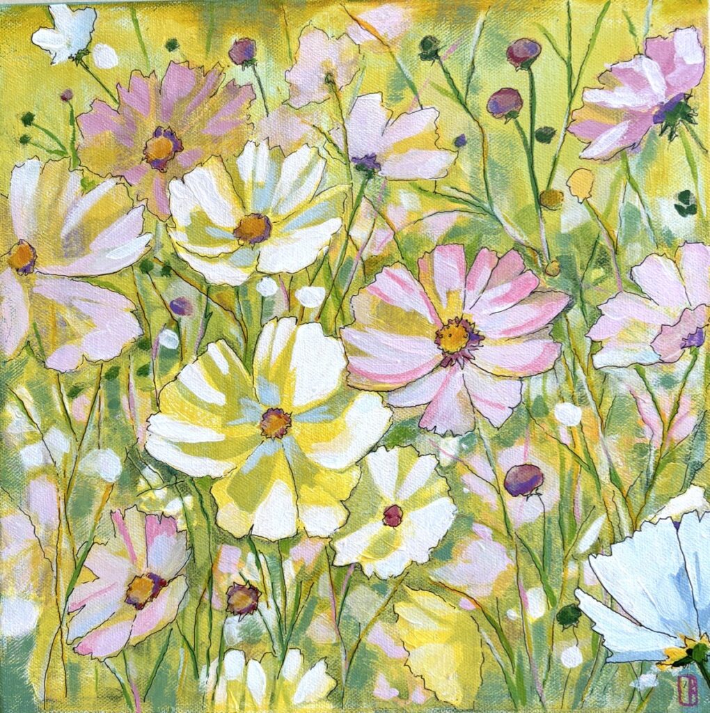 Cindy Kaufman • <em>Sun Drenched Cosmos</em> • Acrylic on gallery wrapped canvas • 12″× 12″× 1½″ • $250.00