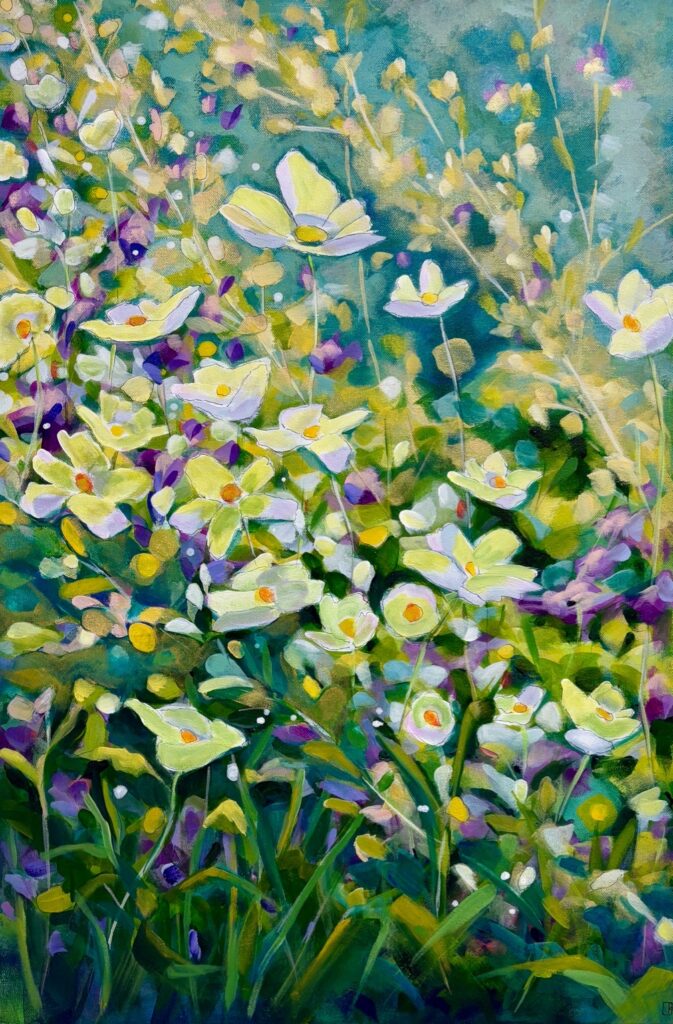 Cindy Kaufman • <em>White, Purple and Gold</em> • Acrylic on gallery wrapped canvas • 20″× 40″× 1½″ • $700.00
