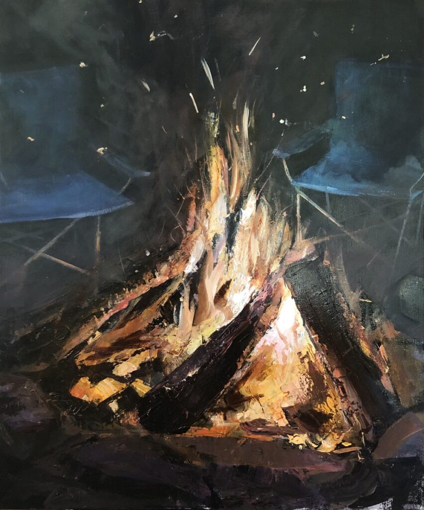 Austin MacRae • <em>A Fire for Two</em> • Acrylic on canvas • 20″× 24″ • $800.00