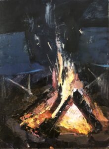 Austin MacRae • <em>A Fire for Two (study)</em> • Acrylic on masonite • 9″× 12″ • $350.00